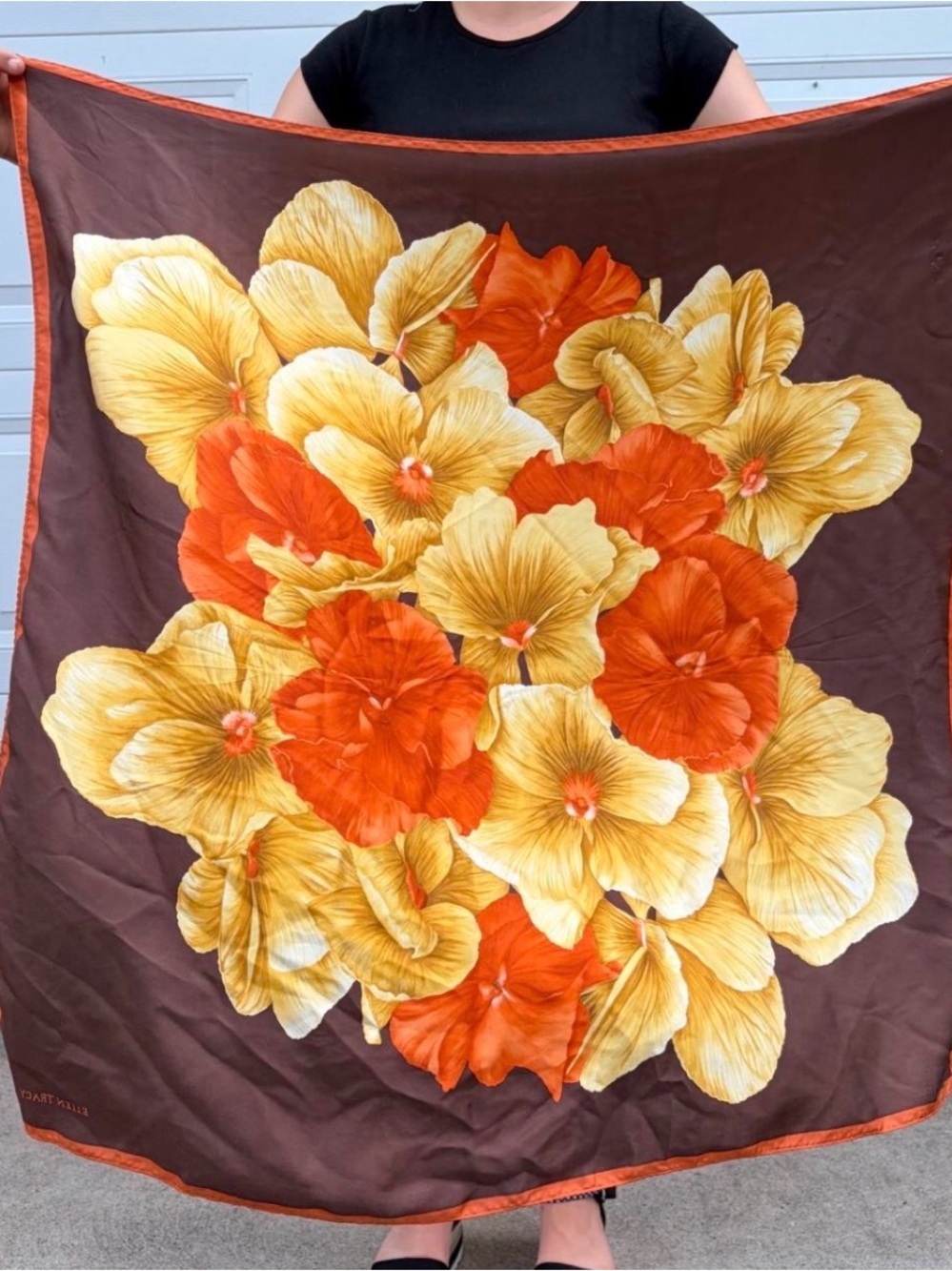 Floral 100% Silk Scarf in Brown with Orange and Yellow Blooms